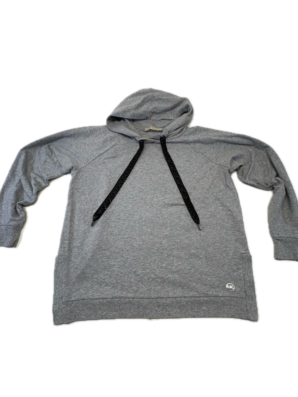 Michael Kors Womens Grey Pullover Hoodie Black MK Logo Ribbon Drawstring M/L